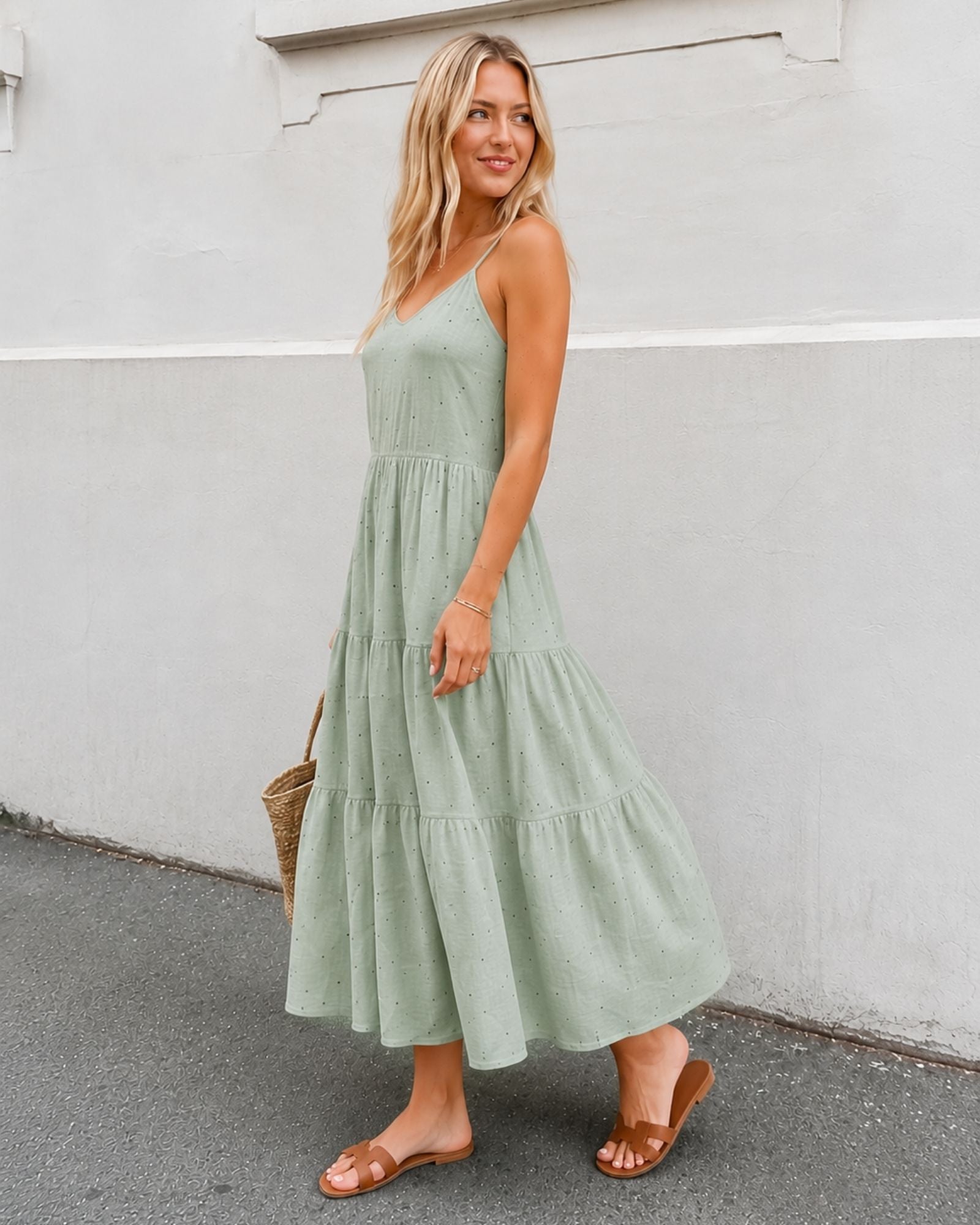 Women's sage spot dress styled outfit by Esther & Co