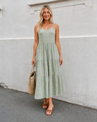 Women's sage spot print dress full length view by Esther & Co