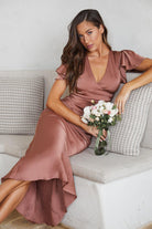 Doren rust formal satin maxi dress, styled look