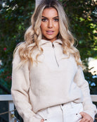 Merete Knit in Beige womens beige knitwear styled outfit