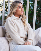 Merete Knit in Beige womens high collar knit jumper in beige front view