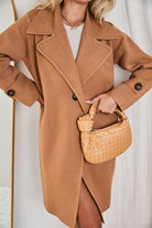 Fireplace Coat in Camel camel knit coat styled look back view