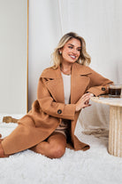 Fireplace Coat in Camel womens camel knit trench coat relaxed fit