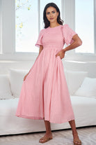 Iolana Dress in Pink womens soft pink cotton smock midi close up detail