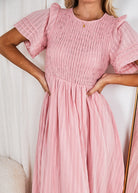 Iolana Dress in Pink womens pink midi dress styled look