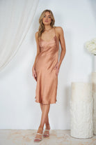 Women's rust slinky midi dress with V-neckline, the Keke Dress in Rust by Esther & Co