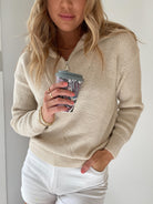 Merete Knit in Beige beige high collar knit with zip detail side view