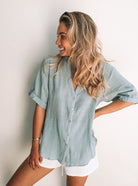 Fraise Top in Faded Teal womens relaxed linen blouse in faded teal front view