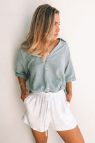 Fraise Top in Faded Teal faded teal linen blouse side view