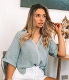 Fraise Top in Faded Teal womens faded teal linen blouse styled outfit