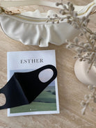 Women's black washable face mask, styled view by Esther & Co