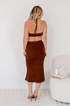 Women's chocolate two piece style midi dress by Esther & Co