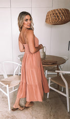 Sonya rust tiered midi dress, side view