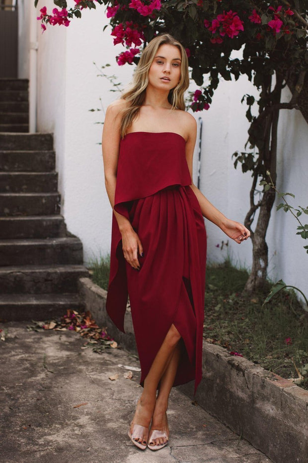 Fleur Strapless Dress - Burgundy-Dresses-Esther Luxe-ESTHER & CO.